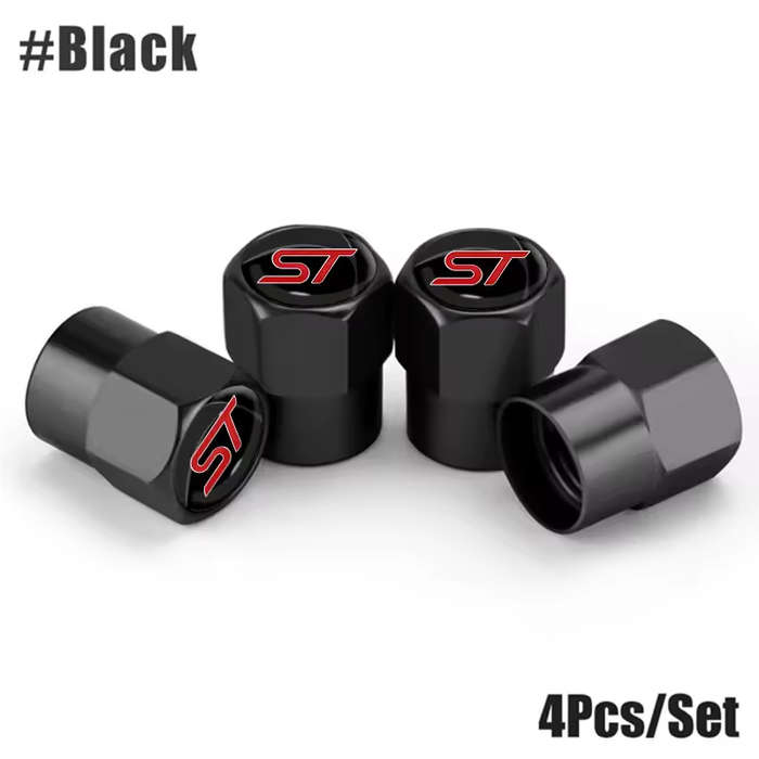 FORD ST Valve Caps - Black with RED "ST" logo (Set of 4)