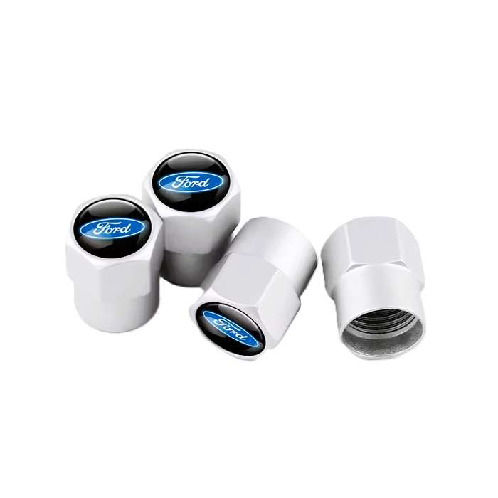 FORD Valve Caps - Silver with blue "FORD" logo (Set of 4)