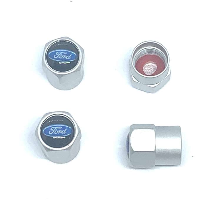 FORD Valve Caps - Silver with blue "FORD" logo (Set of 4)