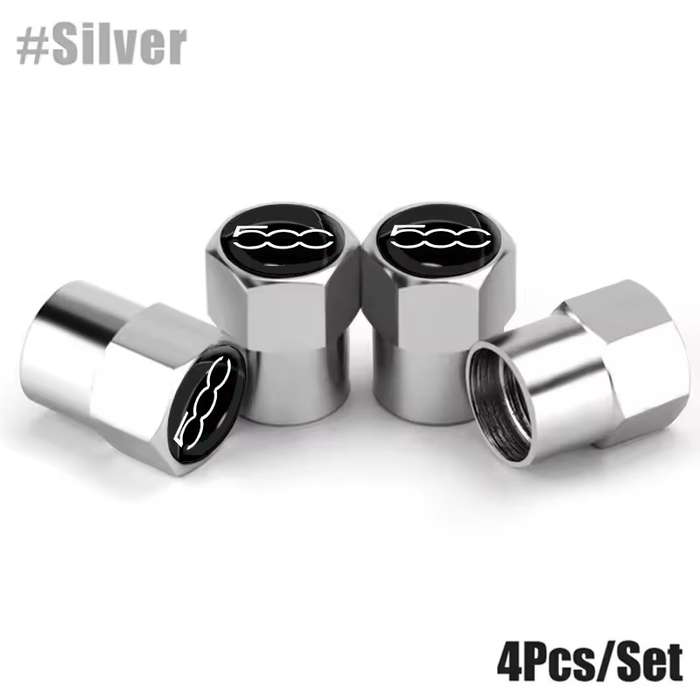 FIAT 500 Valve Caps (Silver with 500 logo) (Set of 4)