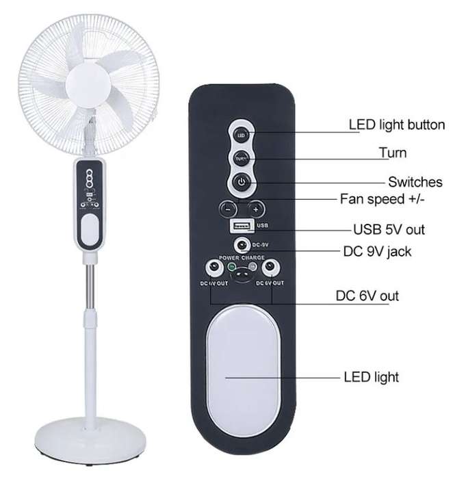 16" Rechargeable Standing Fan - Remote control - LED night light - USB Charging port - Oscillation