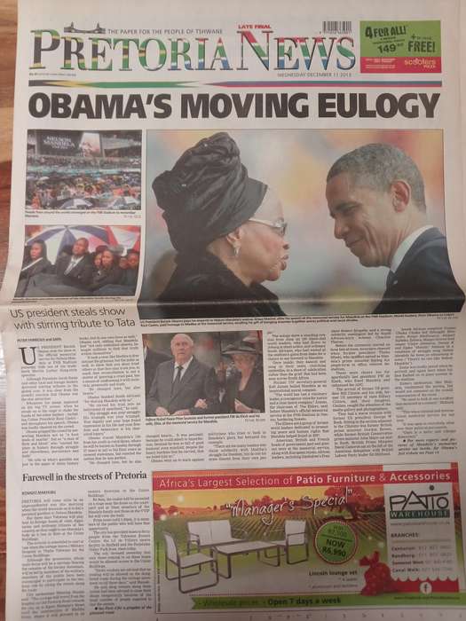 News Paper -  Nelson Mandela - Pretoria News 11 Dec 2013