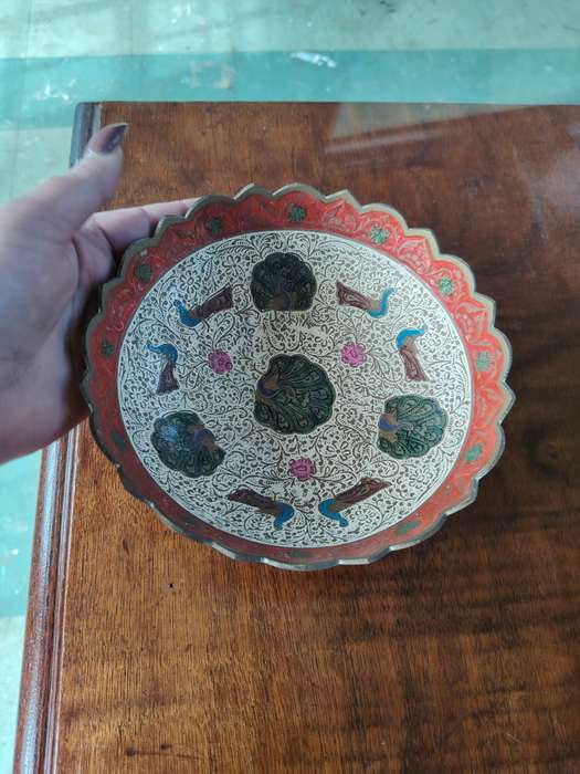 Beautiful enamel etched footed brass bowl