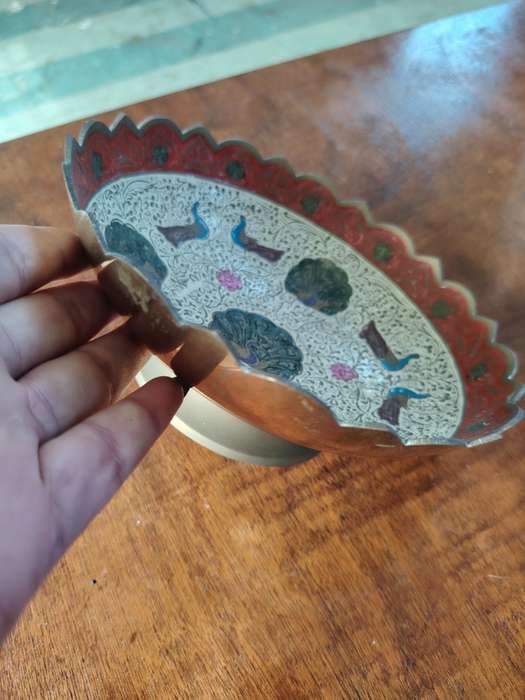 Beautiful enamel etched footed brass bowl