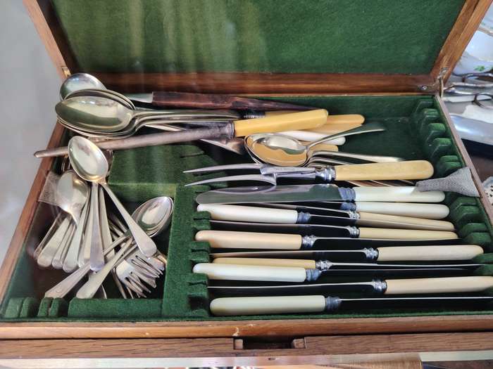 Mixture of vintage cutlery in case incomplete