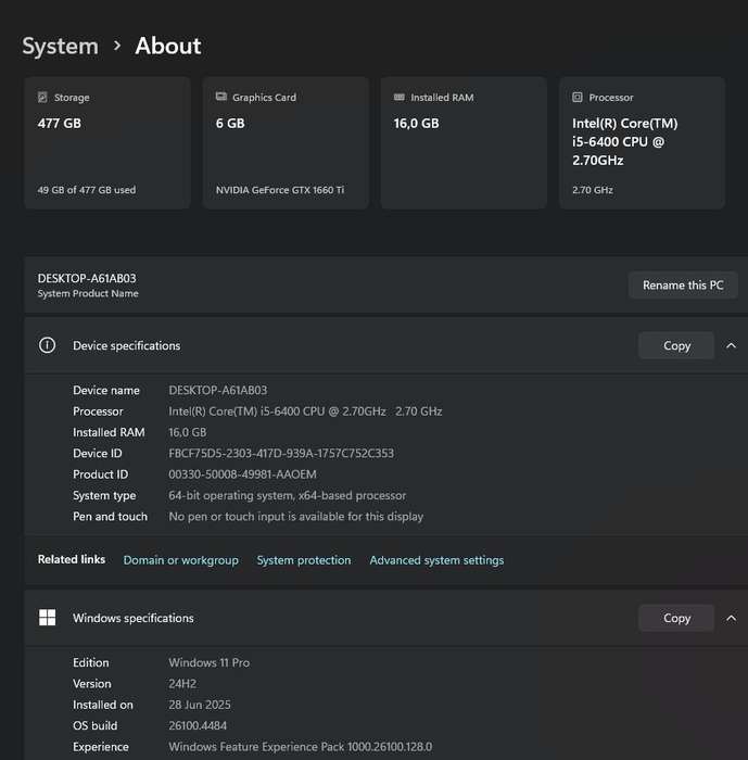 Gaming PC with ARGB, GTX1660 Ti 6Gb GPU, i5-6400 CPU, 16Gb RAM, 512Gb NvMe, Win 11 Pro