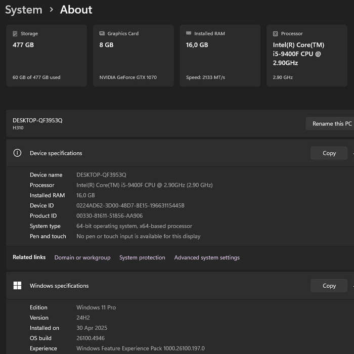 New Gaming PC with ARGB, GTX1070 8Gb GPU, i5-9400F CPU, 16Gb RAM, 512Gb NvMe, Win 11 Pro