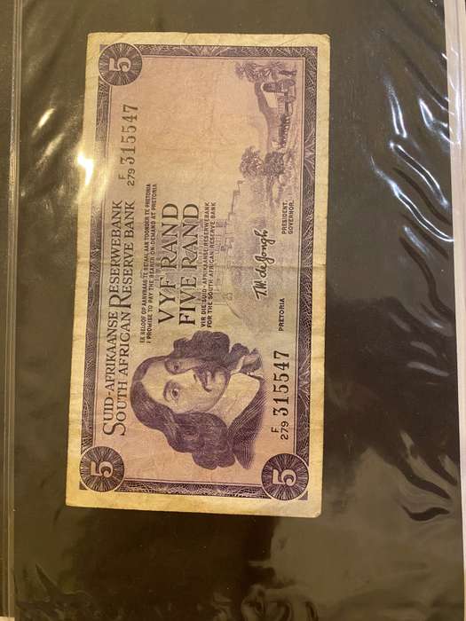 1975 TW de Jongh 3rd Issue Afr/Eng Five Rand Banknote