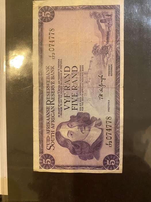 1967 TW De Jongh 1st Issue Afr/Eng Five Rand Banknote