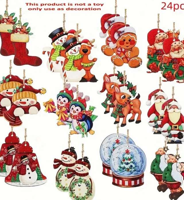 24pcs Set of Festive Wooden Christmas Ornaments
