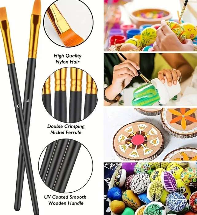 10Pc Set of plastic handle artist brushes, durable acrylic nylon brushes - Pink