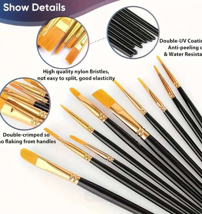 10Pc Set of plastic handle artist brushes, durable acrylic nylon brushes - Pink