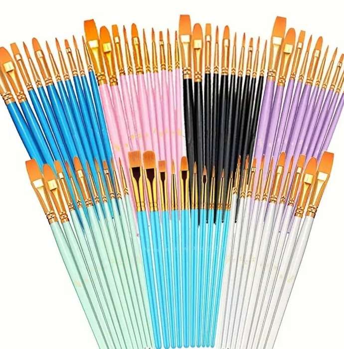 10Pc Set of plastic handle artist brushes, durable acrylic nylon brushes - Pink