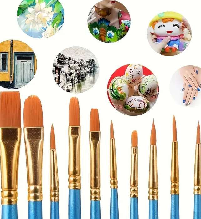 10Pc Set of plastic handle artist brushes, durable acrylic nylon brushes - Pink