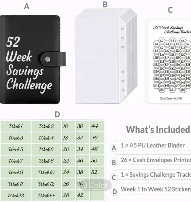 SKYDUE A6 PU Leather 52 Week Savings Challenge Binder - Black