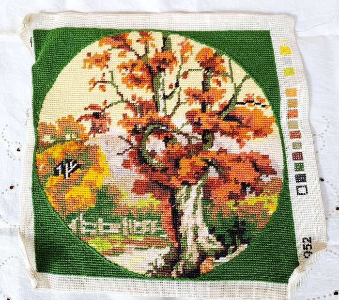 Completed tapestry of an autumn scene 30 x 30 cm