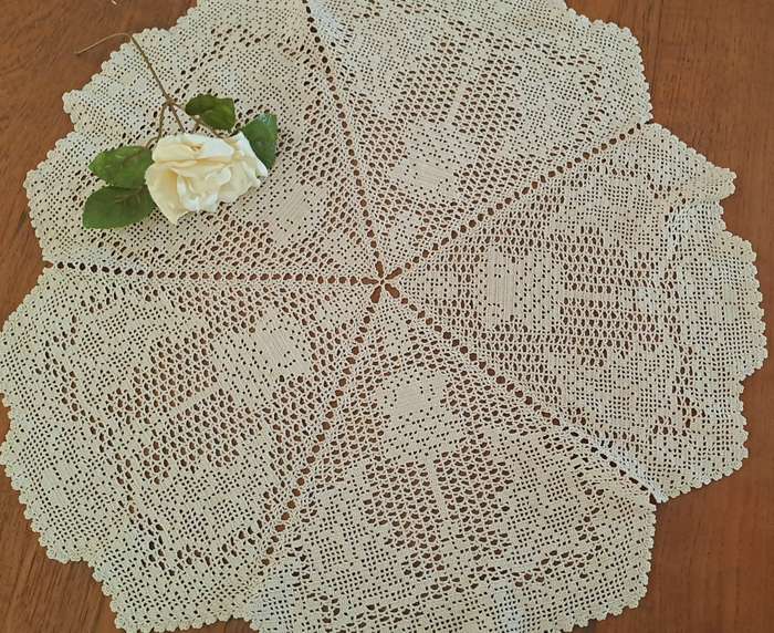 Large filet crochet doily/ doilie - beige colour - 58cm