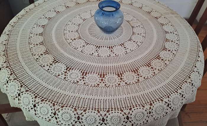 Round, crochet lace tablecloth 130cm diameter - hand dyed with tea
