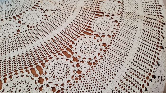 Round, crochet lace tablecloth 130cm diameter - hand dyed with tea
