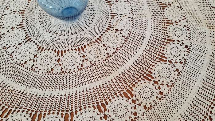 Round, crochet lace tablecloth 130cm diameter - hand dyed with tea