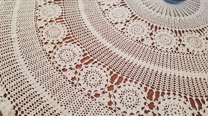 Round, crochet lace tablecloth 130cm diameter - hand dyed with tea