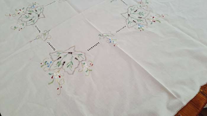 Small, cream cotton tablecloth with colourful embroidery - 84 x 84 cm