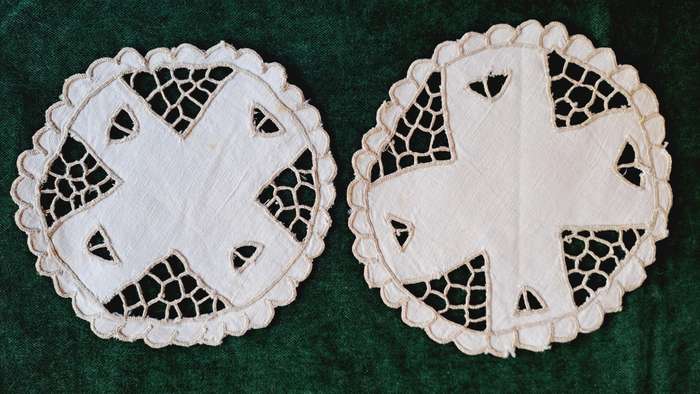 2 small, round, embroidered doilies - 12.5cm