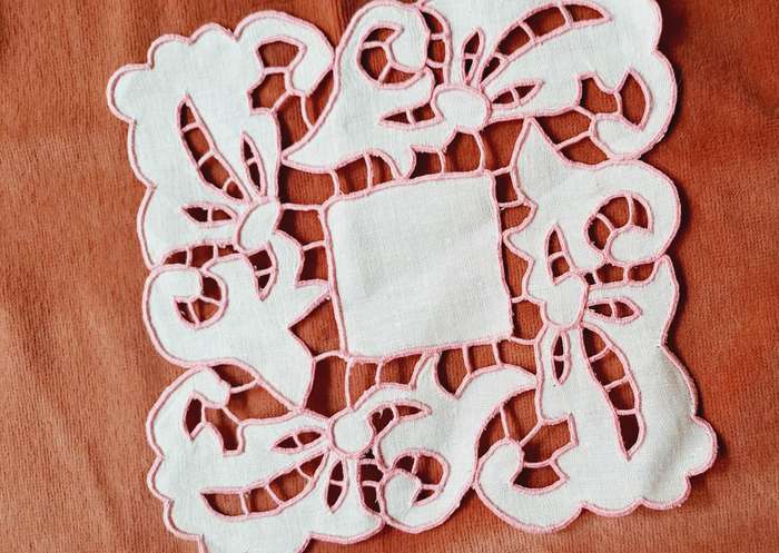Small, square, doily mat - pink embroidery - 15 x 15cm
