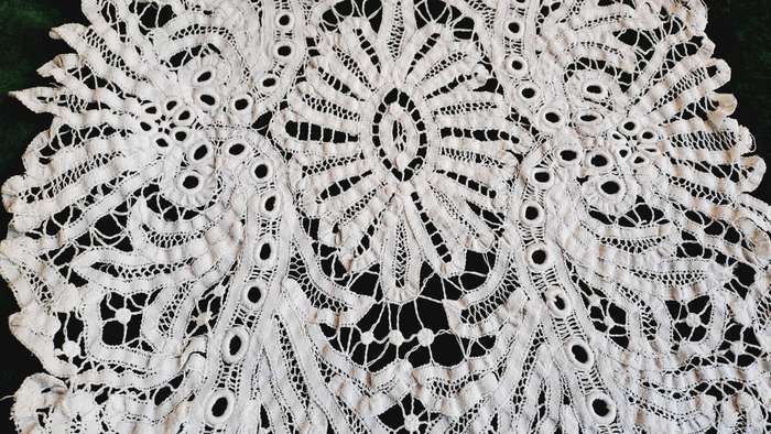Large, battenburg lace doilie, oval shaped 82 cm long
