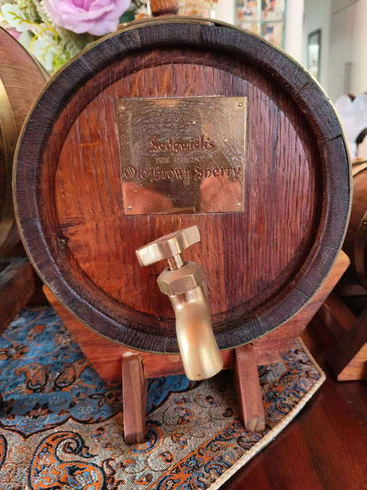 Vintage Oak Barrel Set with Brass Fittings  Droste Winery & Sagewicks Old Brown Sherry (Set of 3)