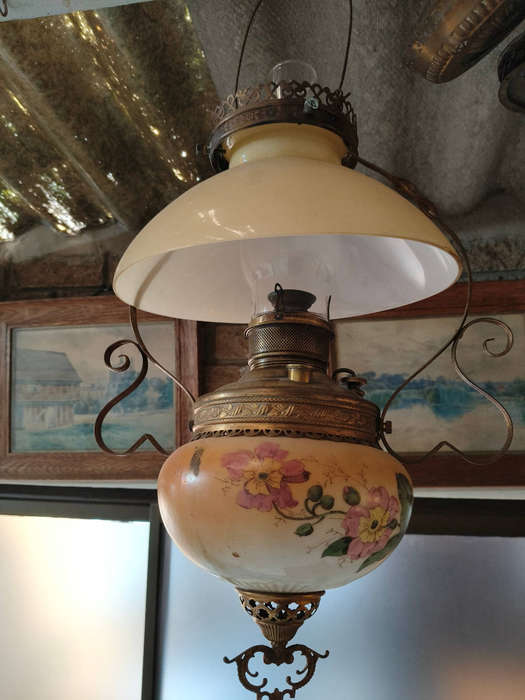 Antique Miller Hanging Parlor Lamp  Complete with Pulley, Hand-Painted (c. 18801910)
