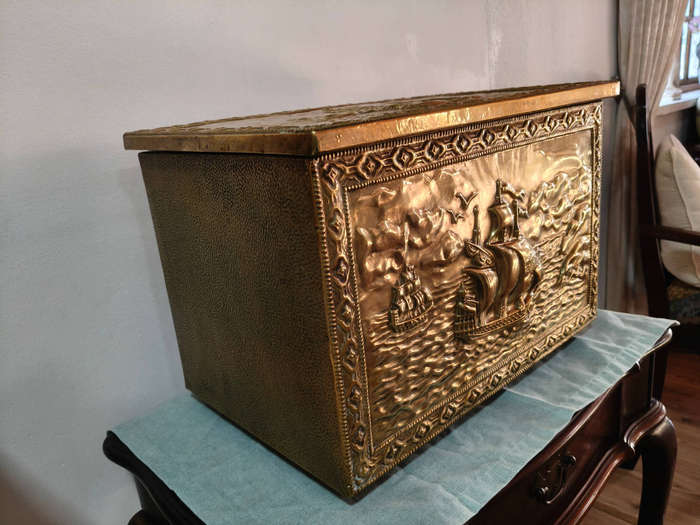 Vintage Brass Embossed Storage Chest  Nautical Ship Design