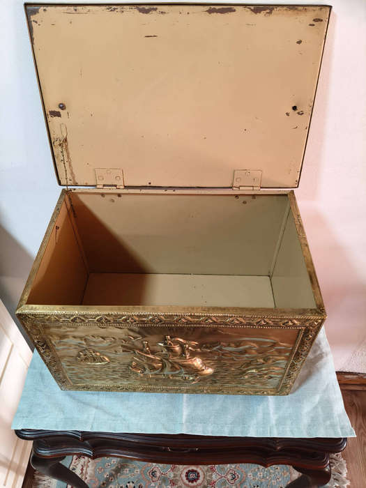 Vintage Brass Embossed Storage Chest  Nautical Ship Design