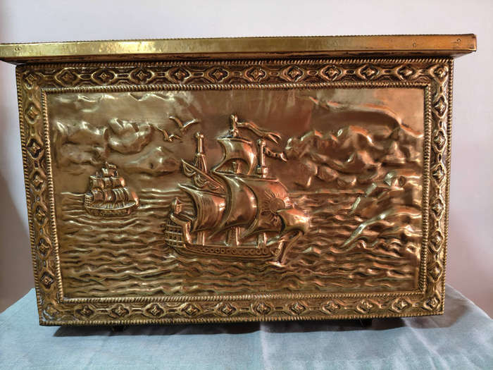 Vintage Brass Embossed Storage Chest  Nautical Ship Design