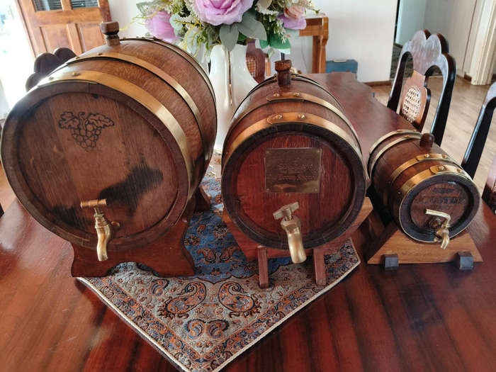 Vintage Oak Barrel Set with Brass Fittings  Droste Winery & Sagewicks Old Brown Sherry (Set of 3)