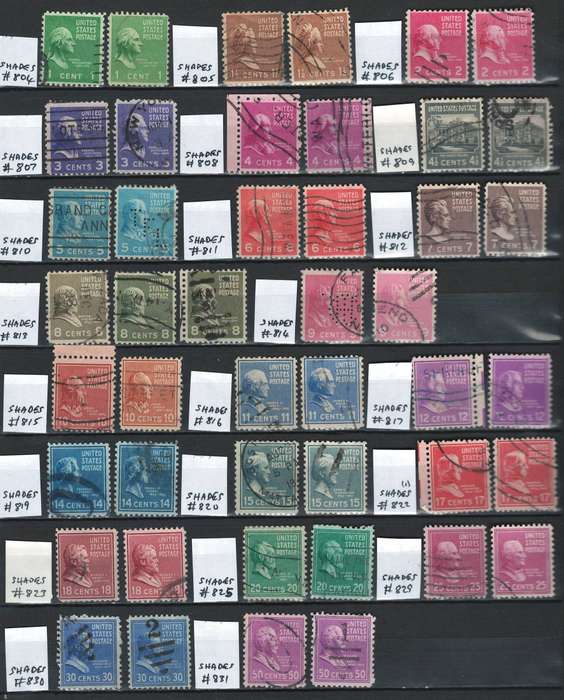 USA 1938 Pres. Issue Scott #804 1c to #831 50c (Shades of each value) (45 stamps)
