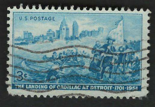 USA 1951 Detroit Skyline and Antoine de la Mothe Cadillac Landing. Scott #1000