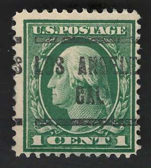 USA-Scott 1912/14  #405 1c Light Green (Los Angeles pre-cancel)