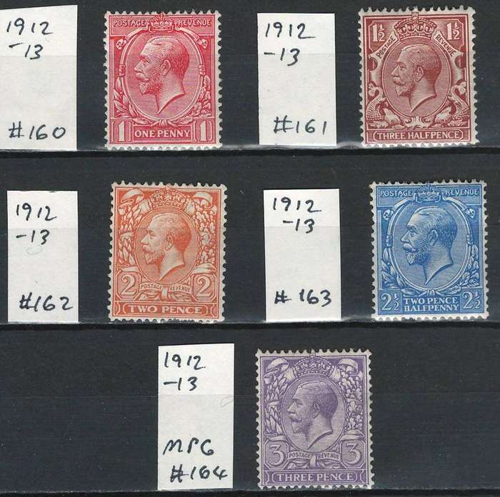 England 1912-13 Scott #160 1p to 164 3p (MPG)