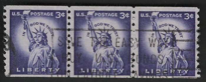 USA 1954-80 (P10 Vert). Statue of Liberty (Coil strip of 3). Scott #1057