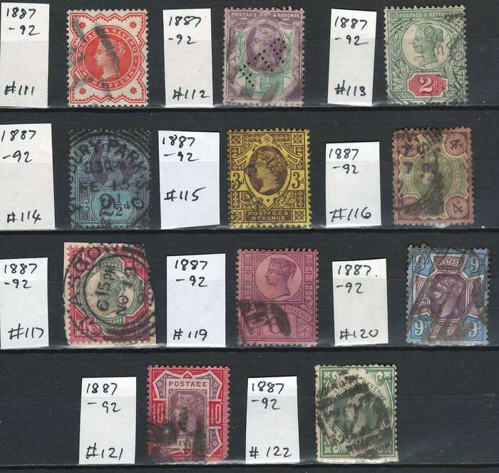 England 1887-92 Scott #111 ½p , 112, 113, 114, 115,116, 117, 119, 120, 121, 122 1sh