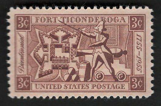 USA 1955 Fort Ticonderogo: Map of the Fort, Ethan Allen and Artillery (MNH). Scott #1071