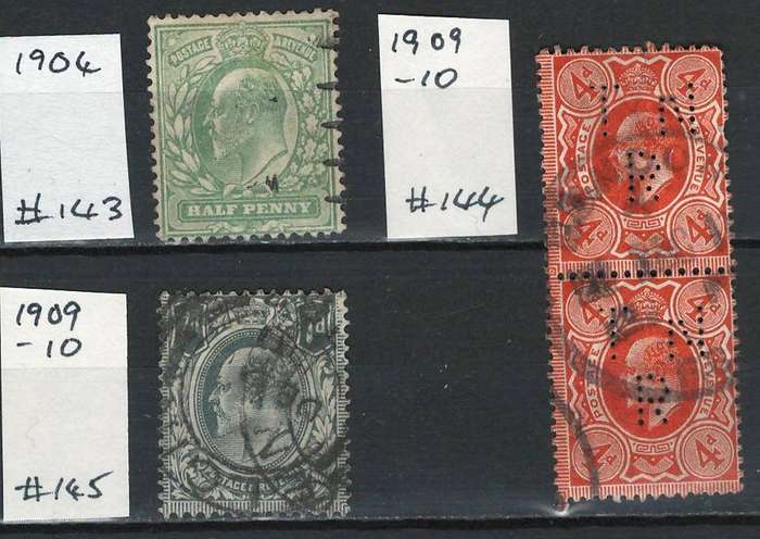England 1904 Scott #143 ½p & 1909-10 #144 4p, #145 7p