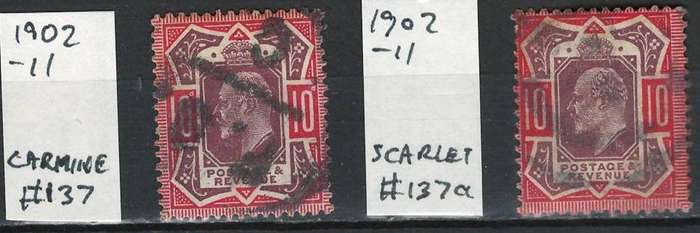 England 1902-11 Scott #137 10p Carmine and Dull purple & #137a Scarlet and Dull purple
