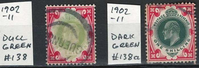 England 1902-11 Scott #138 1sh Carmine and Dull green & #138a Scarlet and Dark green