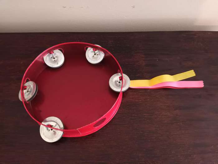 VINTAGE Tin Litho Enamel Tambourine Toy kitsch Nursery Decor Girl Flowers & Puppies