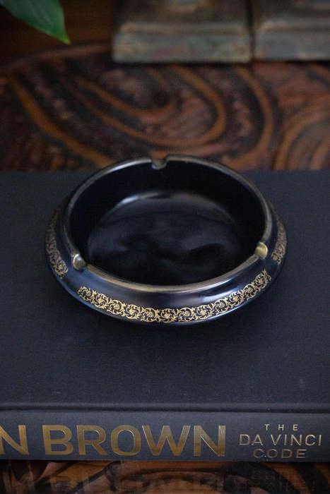 24K Gold Embossed Black Ceramic Ashtray or Trinket Holder