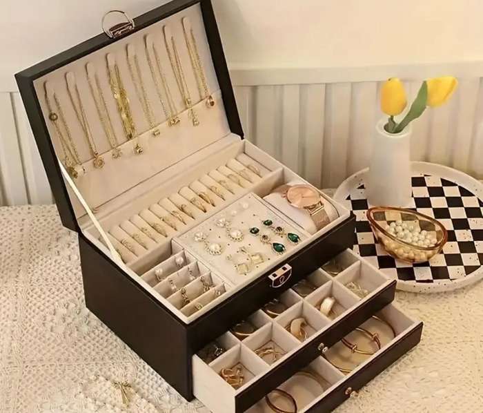 1pc PU Jewelry Box Organizer For Women Earrings Rings Necklace Storage Case Fashion Display Holder,