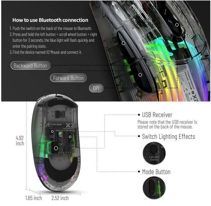 ATTACK SHARK X2 Slim Slient Mouse,Bluetooth Wireless mice with Transparent - Transparent black