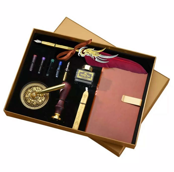 16pcs European Style Feather Pen Set With Ink British Retro Dip Feather Pen Set Wax Seal Student Dip